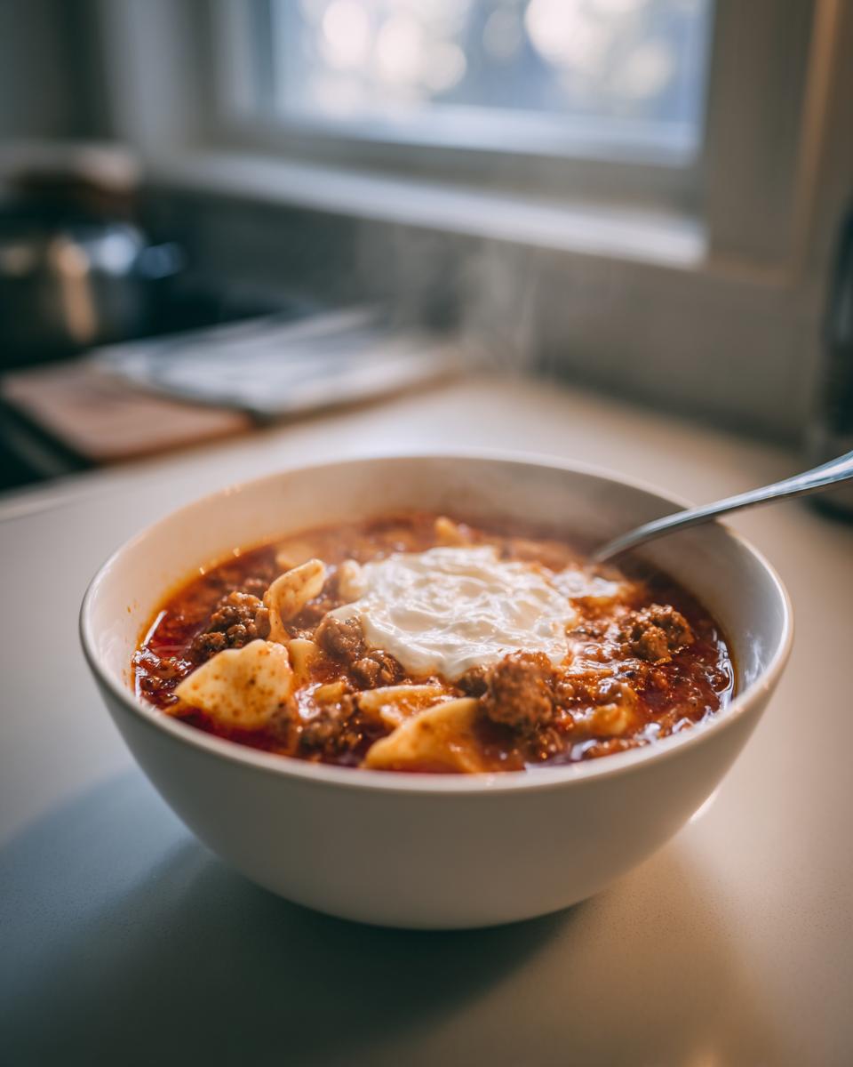 A close-up of a steaming white bowl filled with rich, meaty creamy lasagna soup, topped with a dollop of white cream.