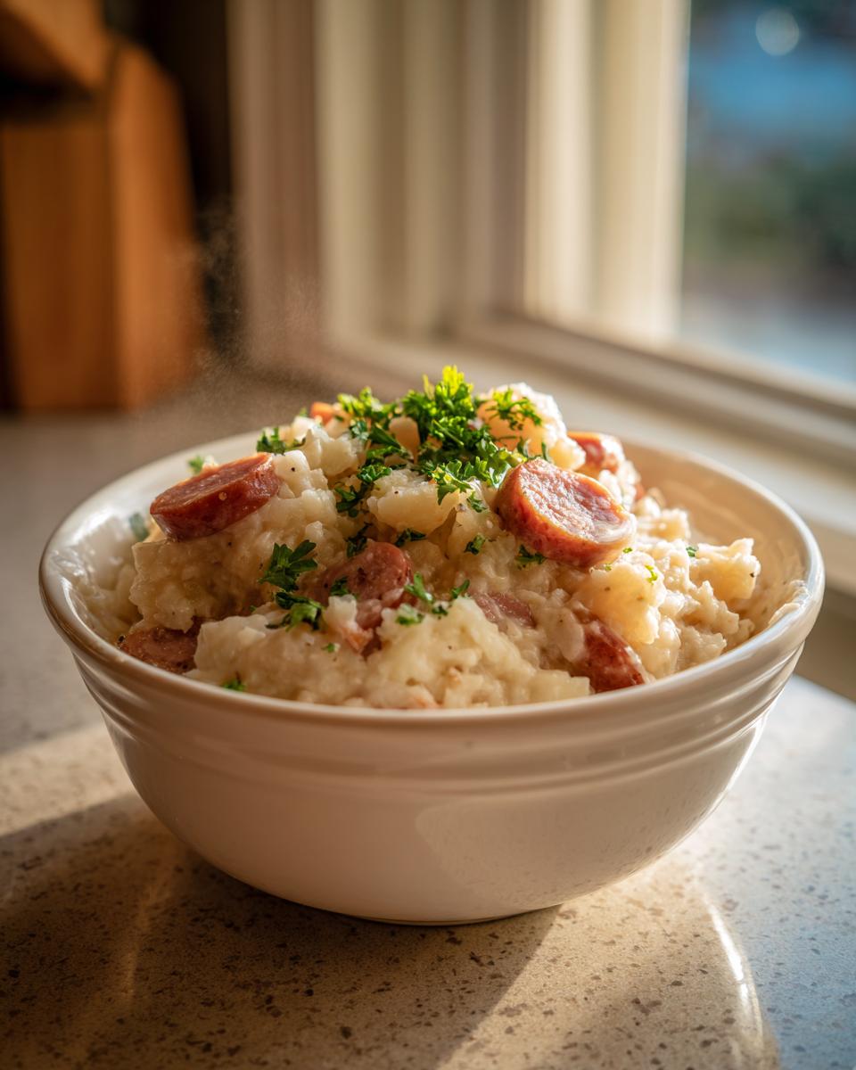 A steaming white bowl filled with chunky potato and sausage chowder, garnished with fresh parsley.