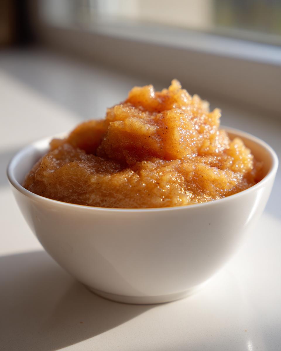 A close-up of chunky, spiced homemade applesauce piled high in a small white bowl.