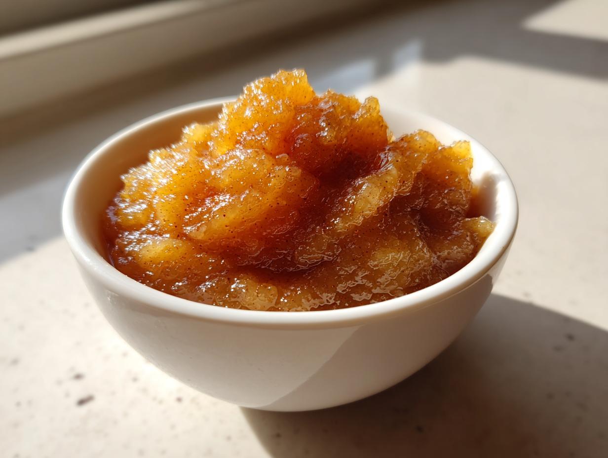 A close-up of chunky, spiced applesauce served in a small white bowl, highlighted by natural sunlight.