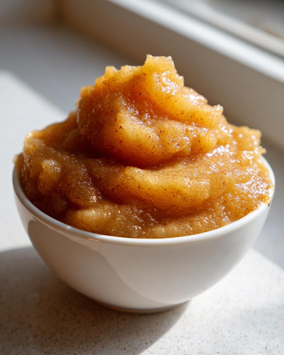 Close-up of chunky, spiced homemade applesauce piled high in a small white bowl.