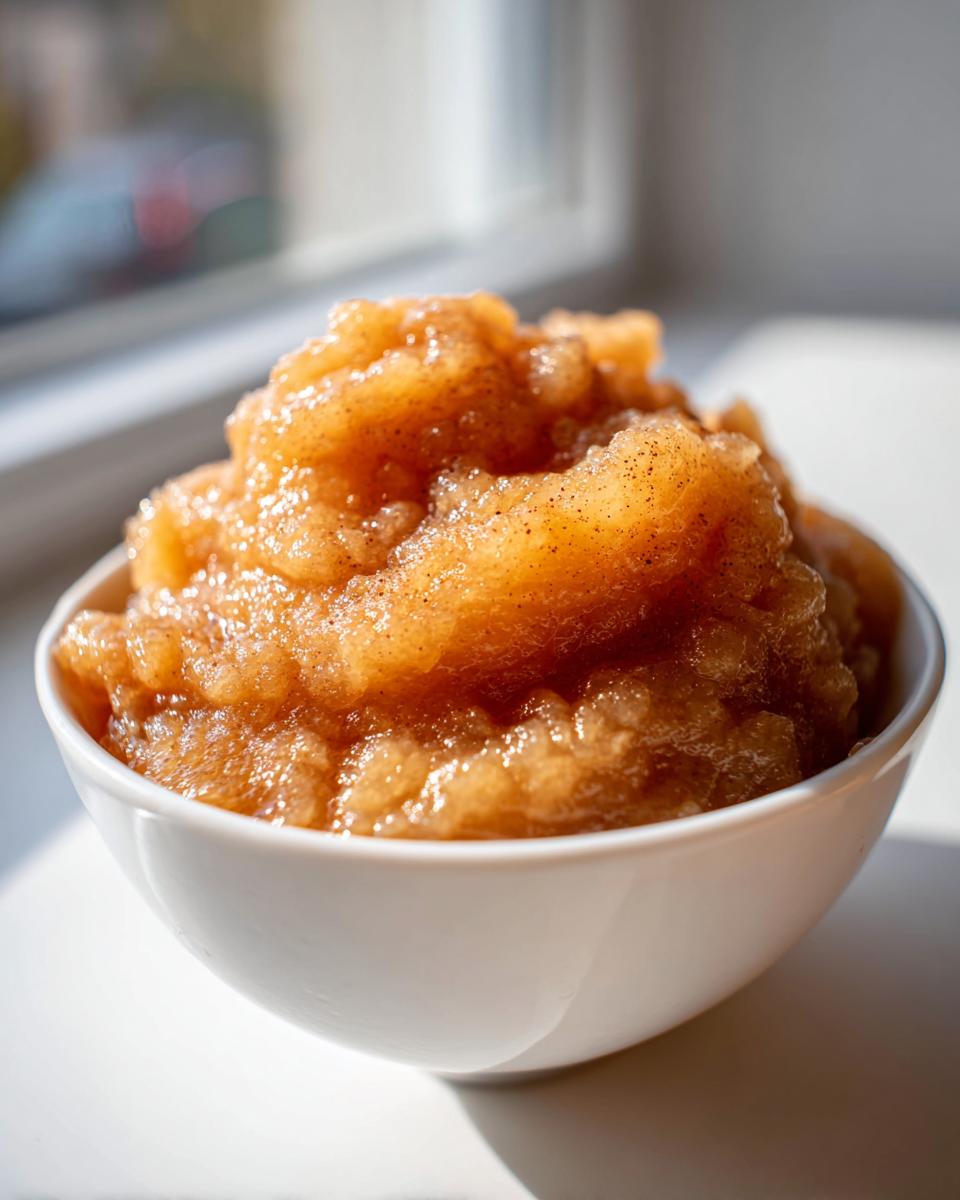 Close-up of chunky, homemade applesauce seasoned with cinnamon, served in a white bowl near a sunny window.