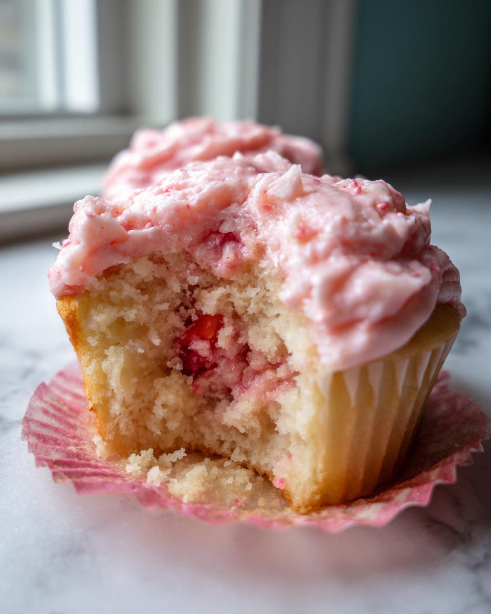 A close-up of a strawberry cupcakes with pink frosting, showing a bite taken out to reveal the moist cake and strawberry filling.