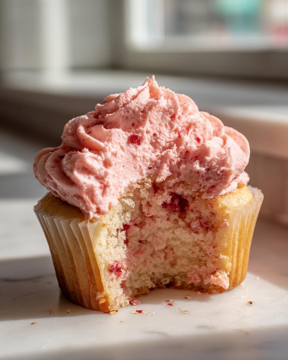 A close-up of a strawberry cupcakes with a bite taken out, revealing pink strawberry flecks in the cake and rich pink frosting.
