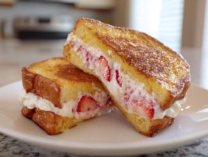Two halves of golden brown stuffed french toast filled with cream cheese and fresh strawberries.