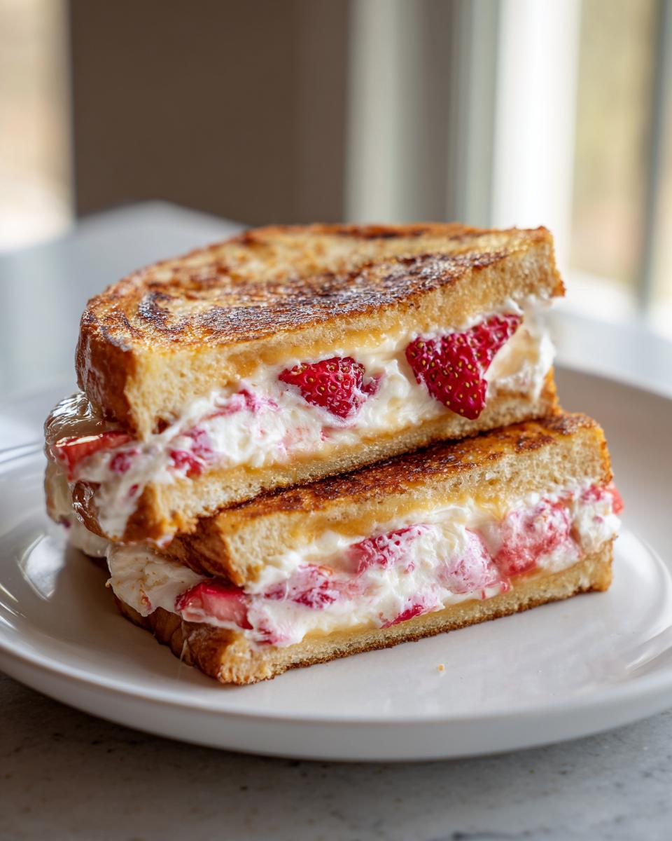 Two halves of golden brown stuffed french toast filled with creamy cheese and sliced strawberries stacked on a white plate.