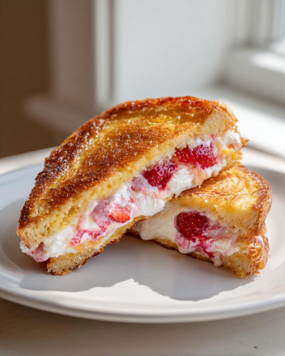 Two halves of golden brown stuffed french toast filled with creamy white cheese and fresh strawberries.