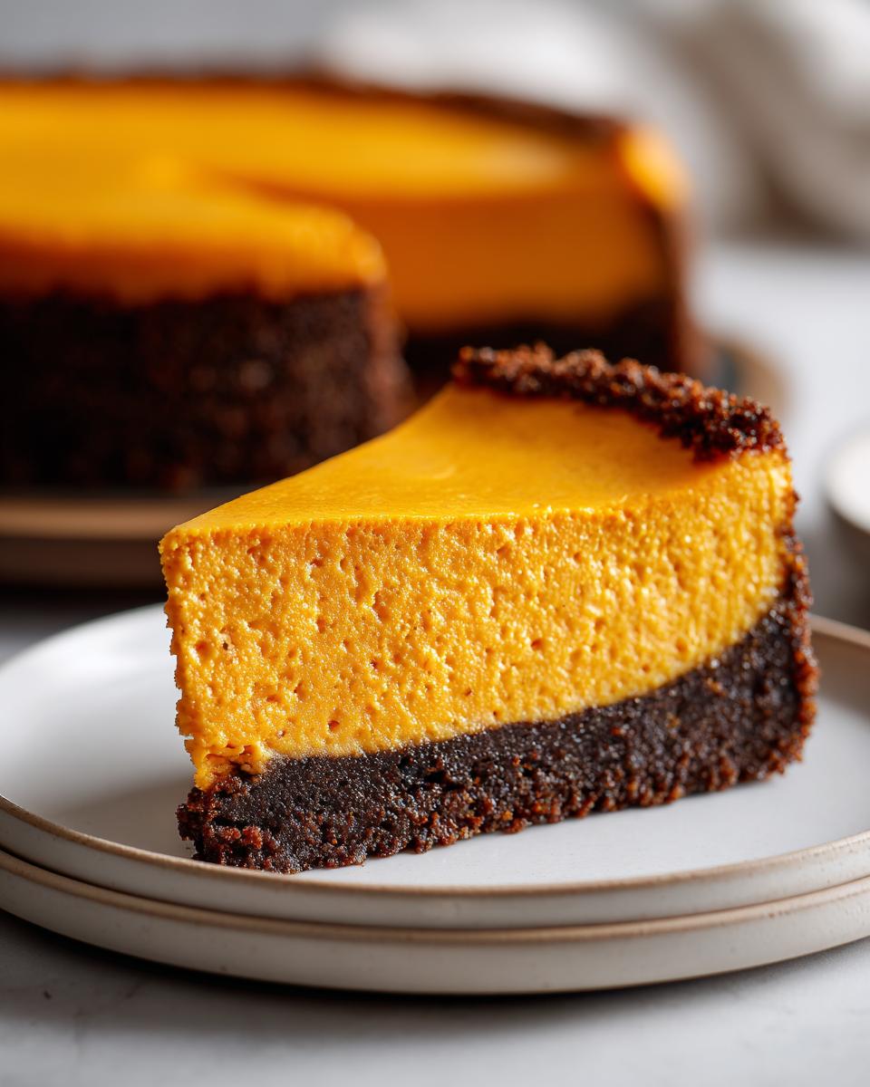A close-up slice of vibrant orange sweet potato cheesecake resting on a dark chocolate crust, served on a plate.