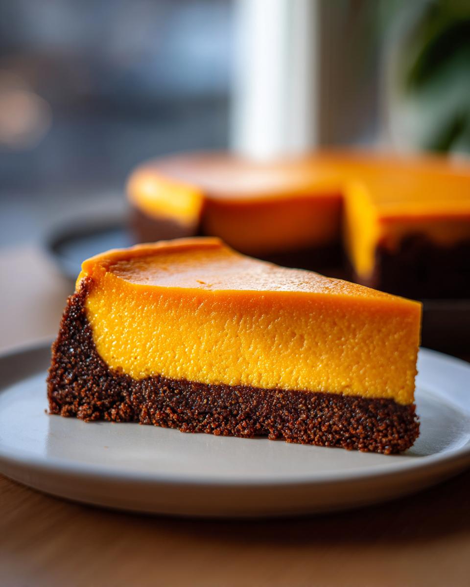 A close-up slice of vibrant orange sweet potato cheesecake resting on a light plate, featuring a dark chocolate crust.
