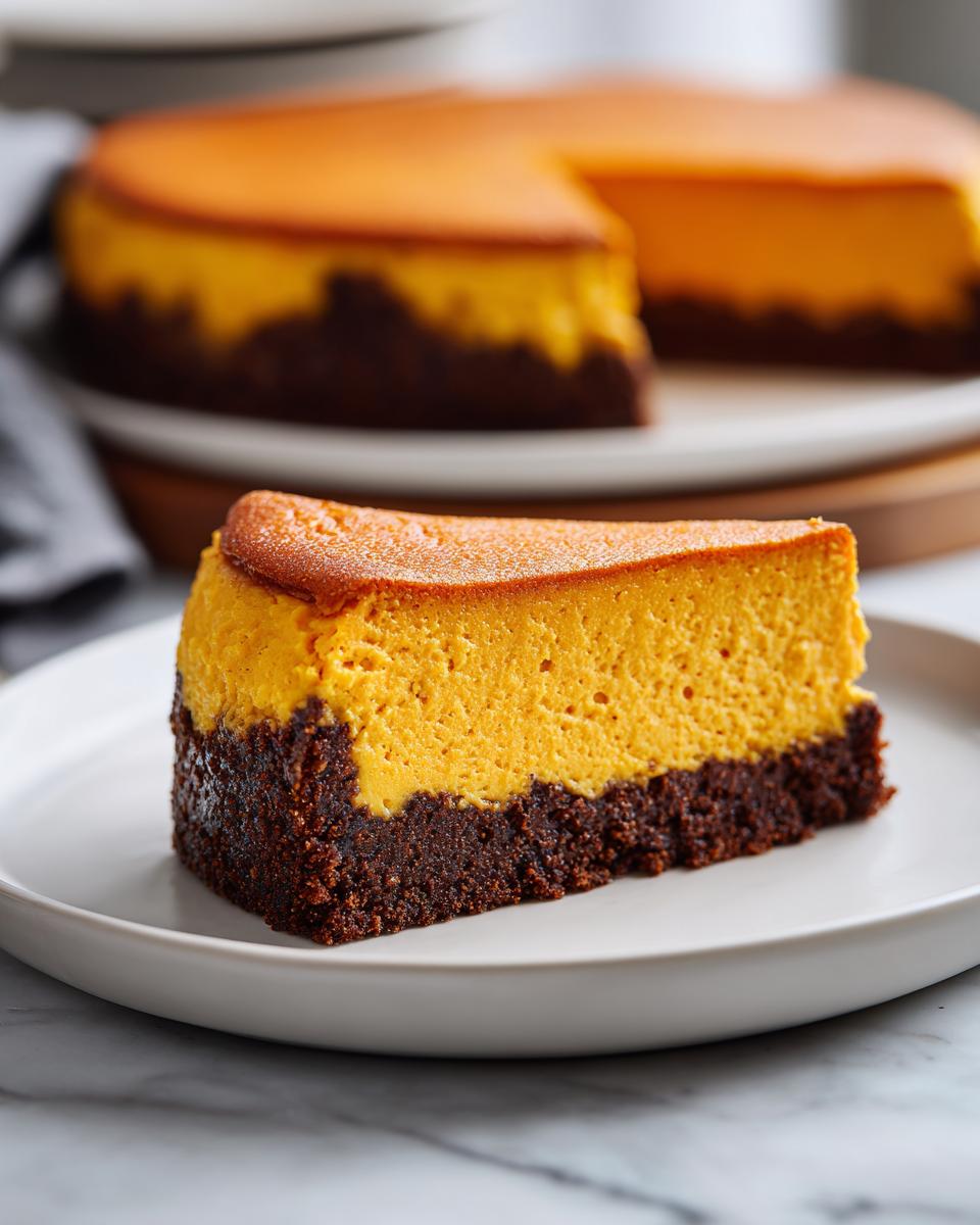 A close-up slice of rich, orange sweet potato cheesecake on a white plate with a dark chocolate crust.
