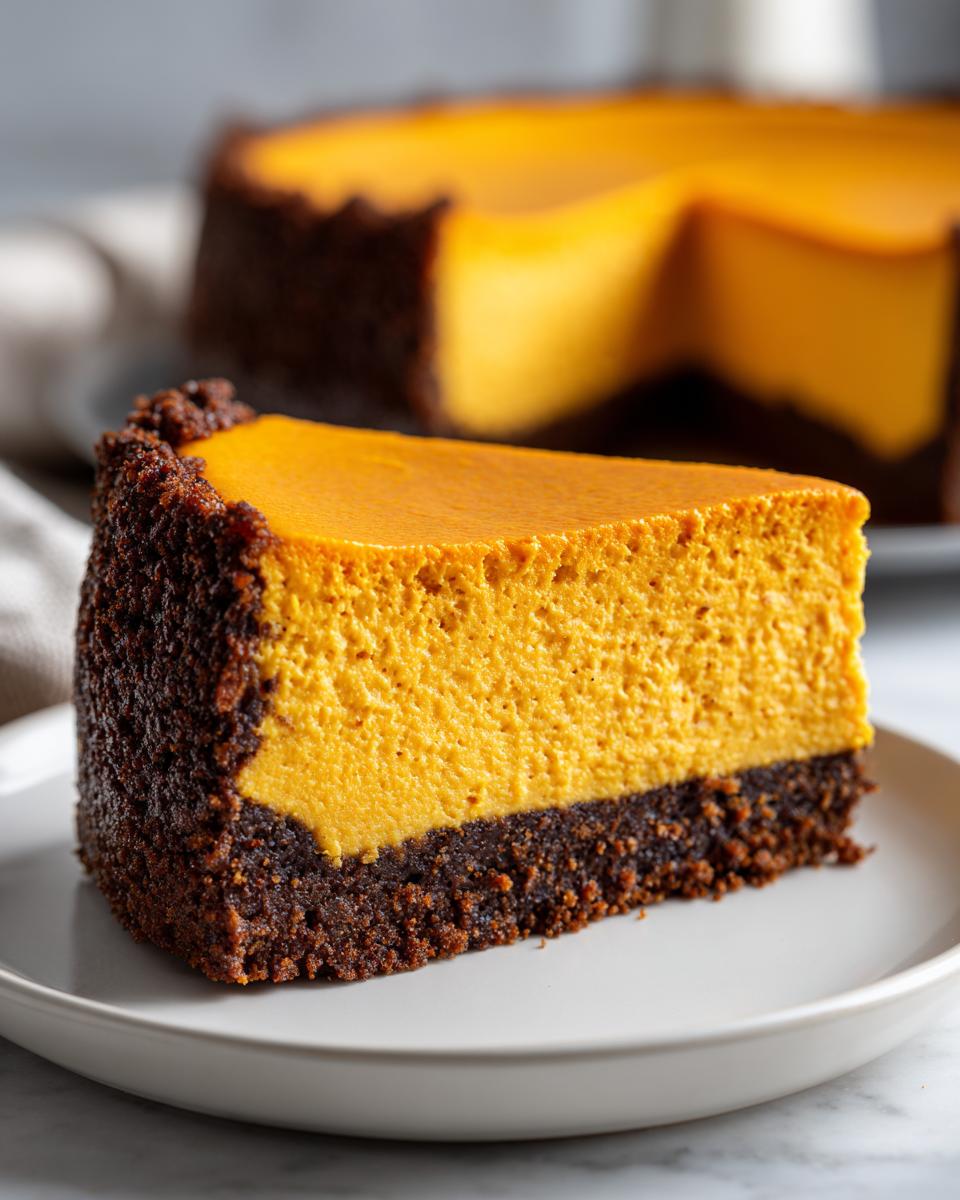 A close-up slice of vibrant orange sweet potato cheesecake resting on a dark chocolate crust, served on a white plate.