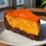 A close-up slice of vibrant orange sweet potato cheesecake with a dark chocolate crust on a white plate.