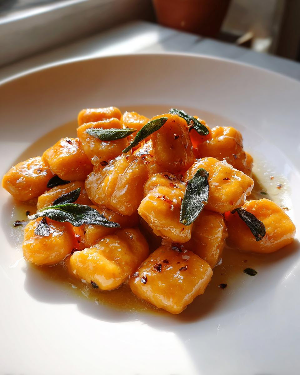 A close-up of bright orange sweet potato gnocchi tossed in a brown butter sauce and garnished with crispy sage leaves.