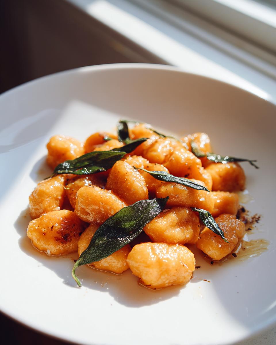 Close-up of golden brown sweet potato gnocchi tossed in brown butter and topped with crispy sage leaves.
