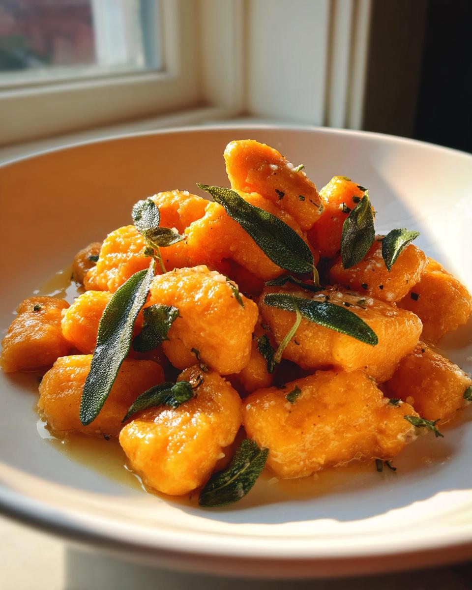 Close-up of bright orange sweet potato gnocchi tossed in brown butter and topped with fresh sage leaves.