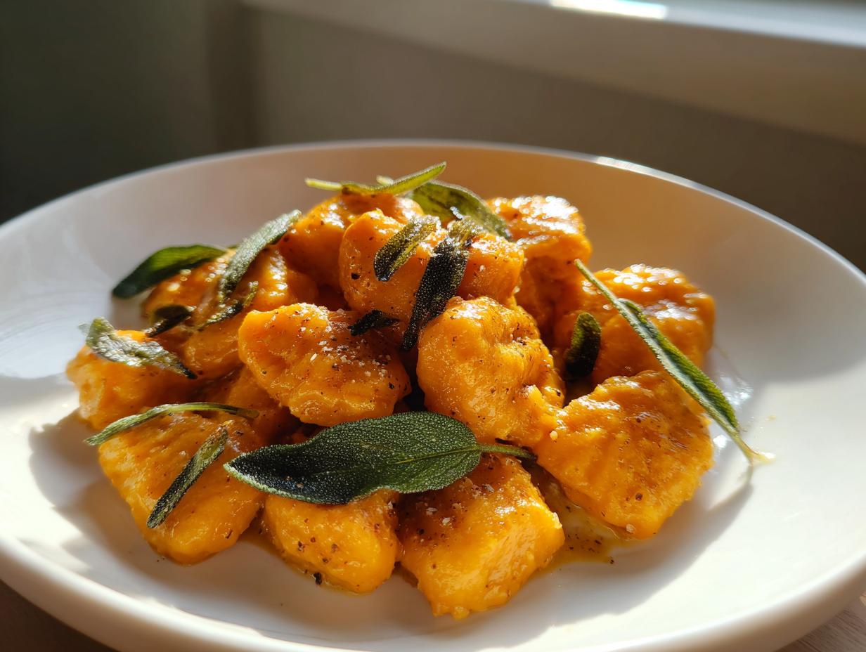 A close-up of bright orange sweet potato gnocchi tossed in butter sauce and topped with crispy sage leaves.