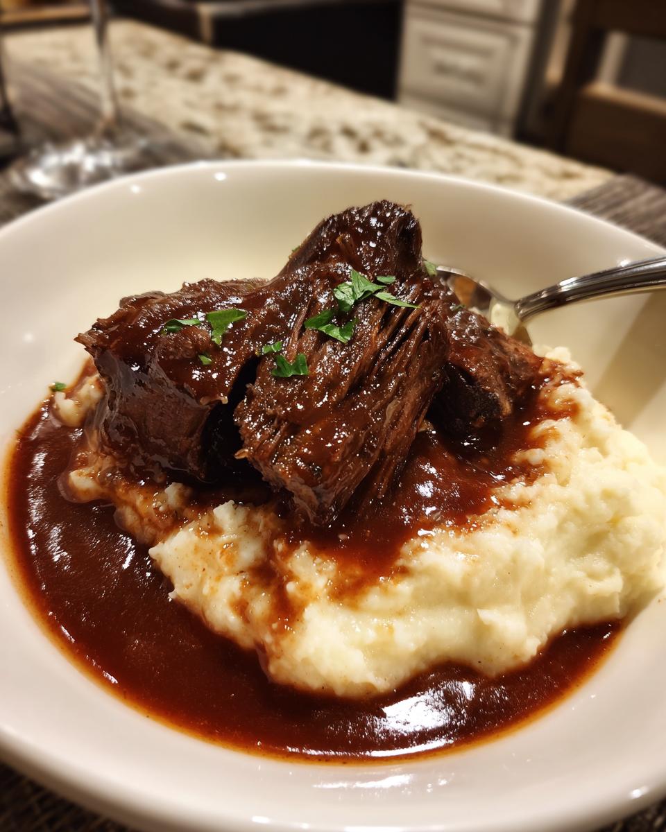 Close-up of tender braised short ribs covered in rich sauce served over creamy mashed potatoes.