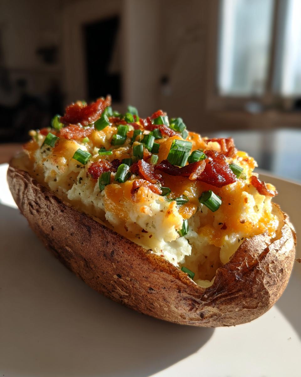 A close-up of a delicious twice-baked potato loaded with cheese, bacon bits, and fresh green chives.