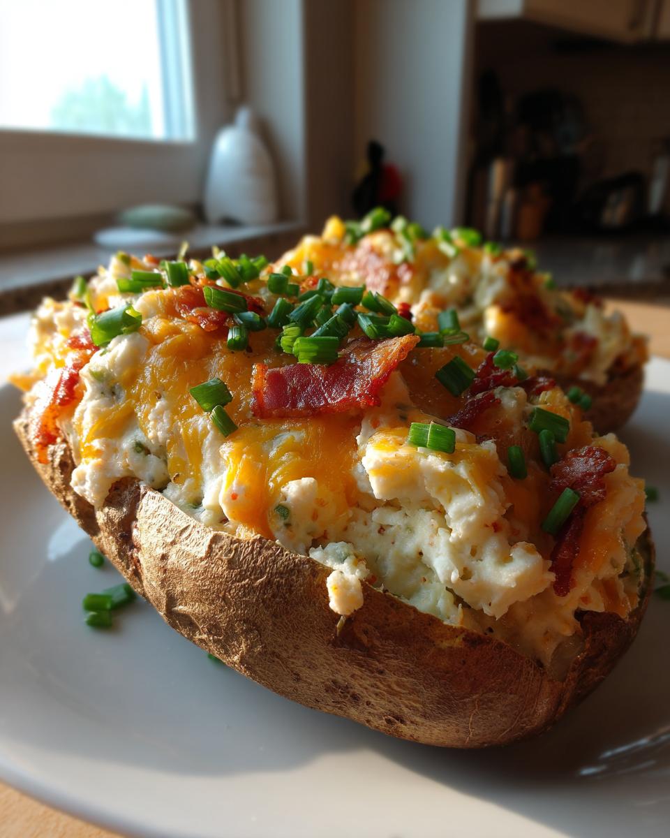 A close-up of delicious twice-baked potatoes stuffed with creamy filling, melted cheddar cheese, bacon bits, and fresh chives.