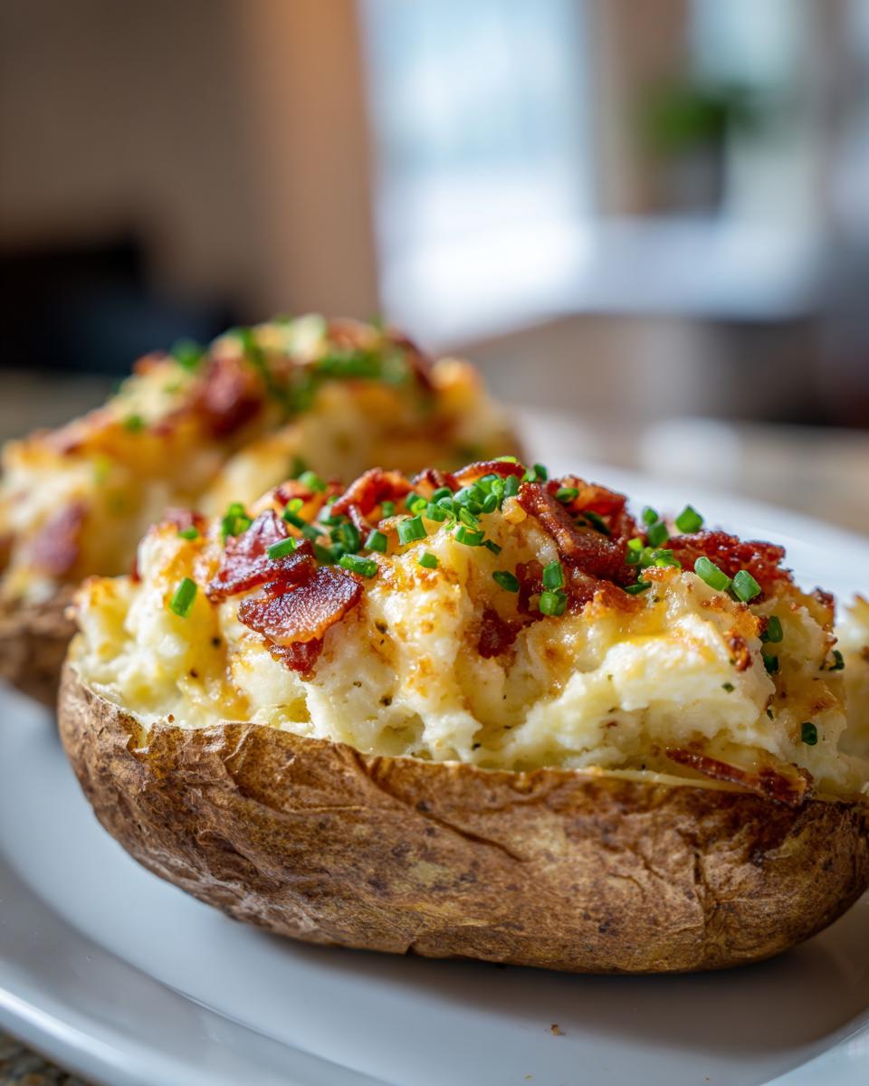 Close-up of a perfectly baked twice-baked potatoes stuffed with creamy filling, topped with bacon bits and fresh chives.