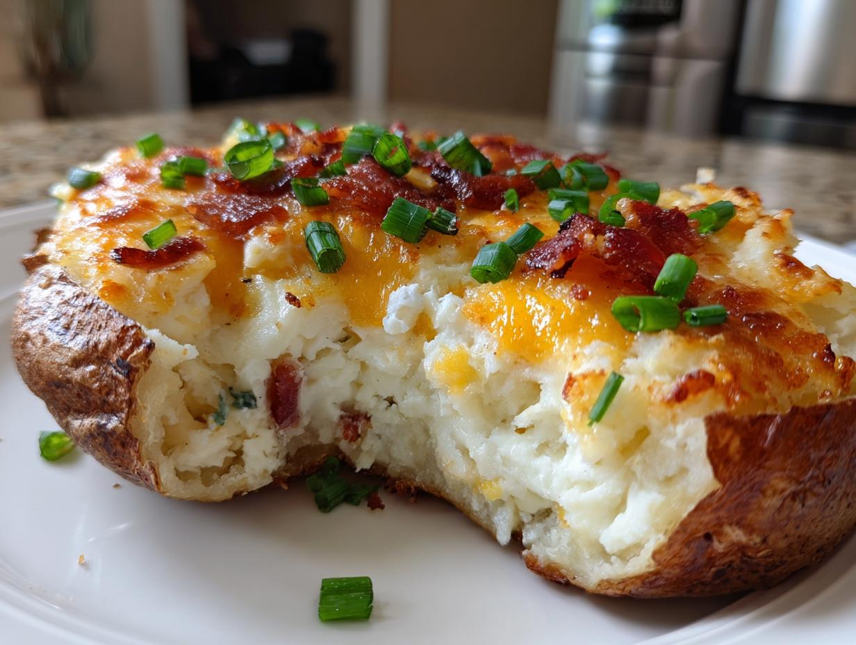A close-up of a delicious twice-baked potato, stuffed with creamy filling, melted cheddar cheese, bacon bits, and green onions.