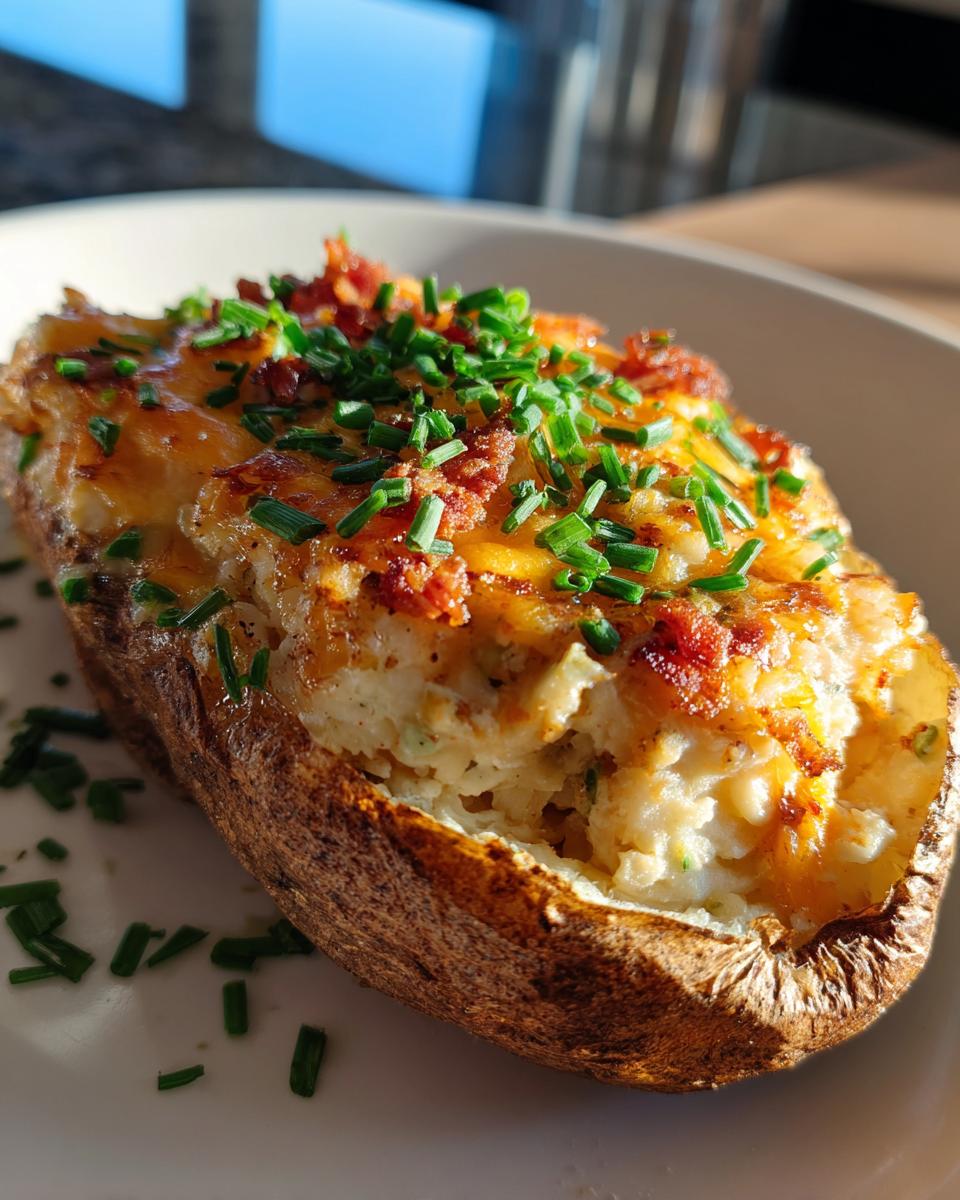 A close-up of a perfectly cooked twice-baked potato, stuffed with creamy filling, melted cheddar cheese, bacon bits, and fresh chives.