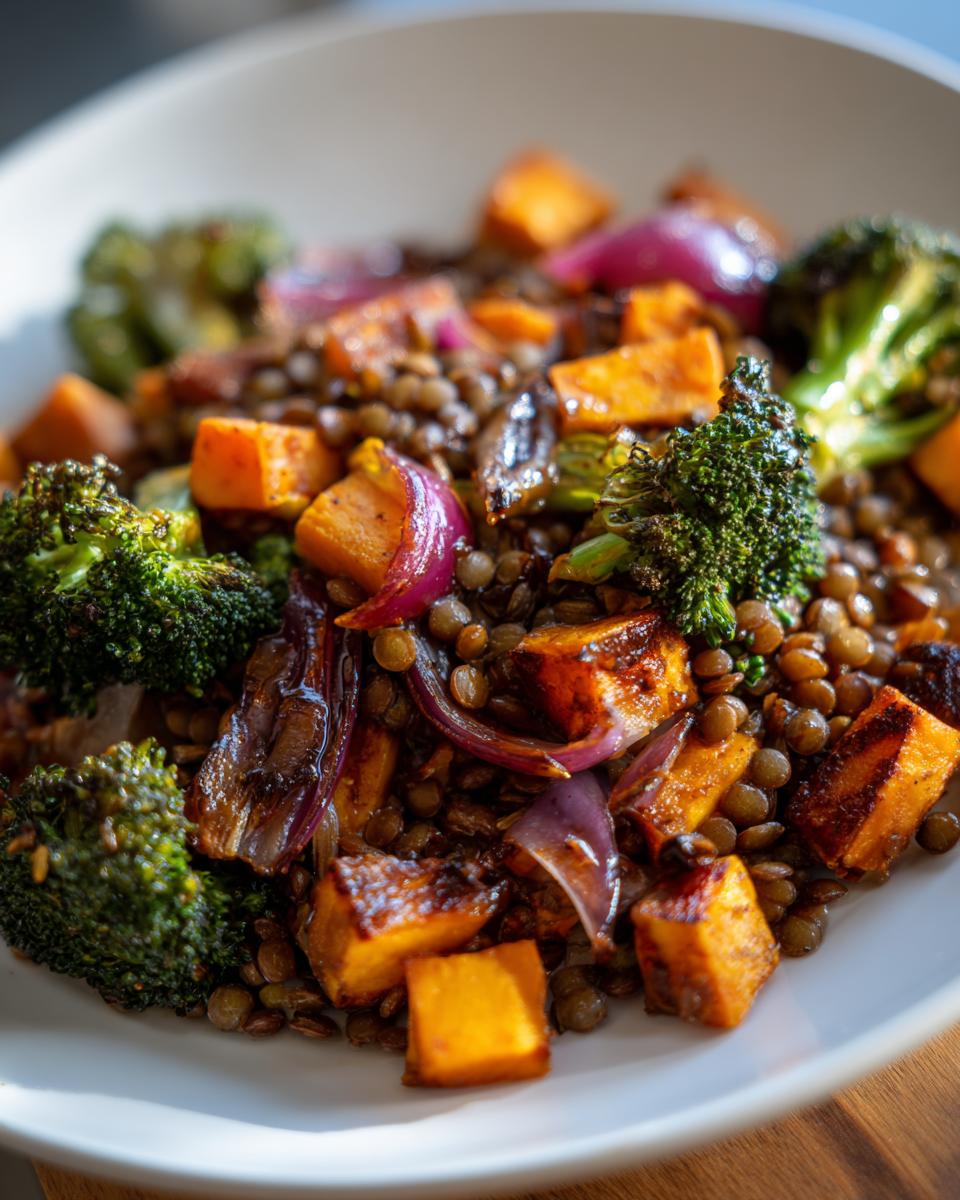 Close-up of a hearty veggie lentil salad featuring roasted sweet potatoes, broccoli florets, and red onion mixed with brown lentils.