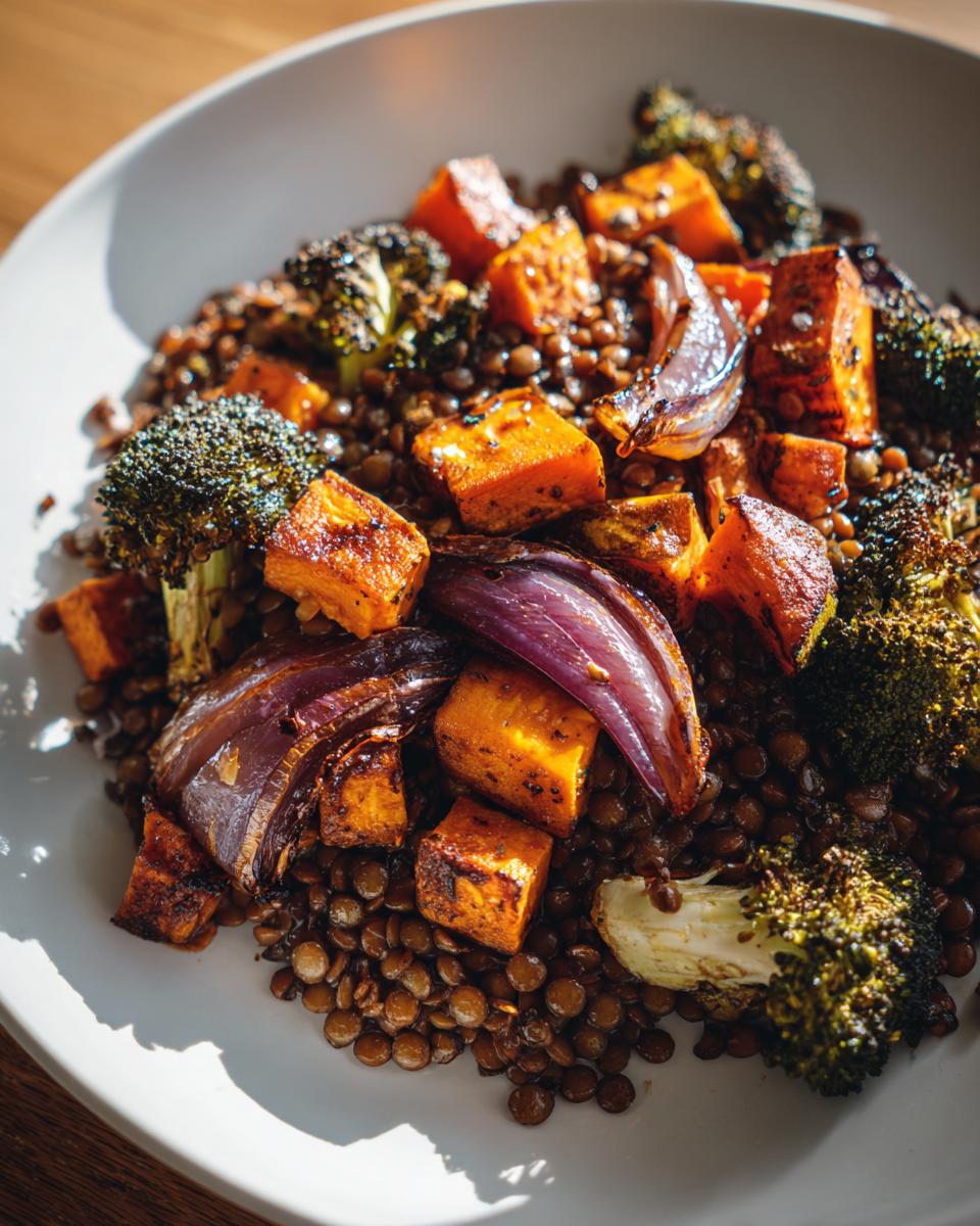 Close-up of roasted sweet potato, red onion, and broccoli served over brown lentils in a veggie lentil salad.