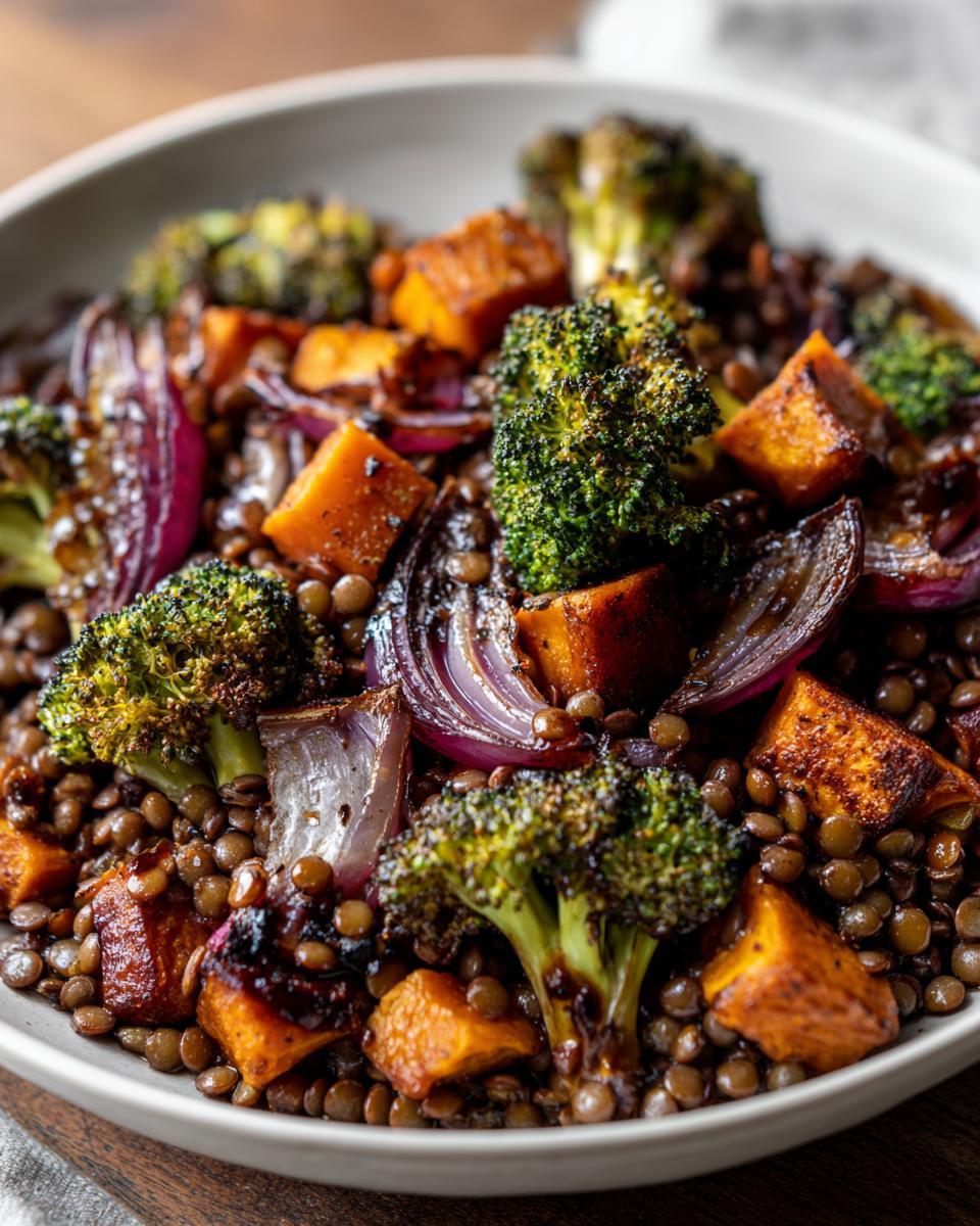 Close-up of a hearty veggie lentil salad featuring roasted sweet potatoes, charred broccoli florets, and red onion over brown lentils.