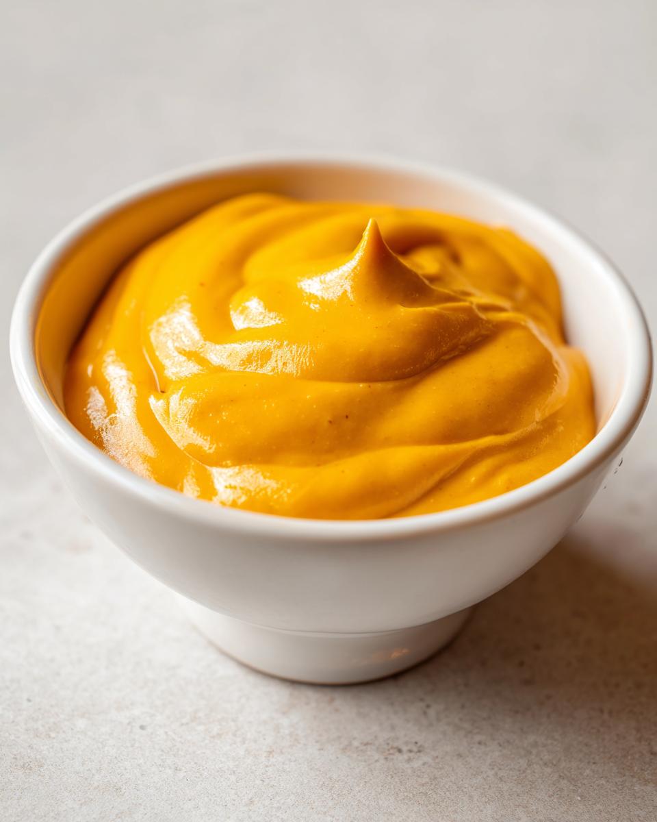 Close-up of thick, bright orange homemade nacho cheese sauce swirled in a small white dipping bowl.