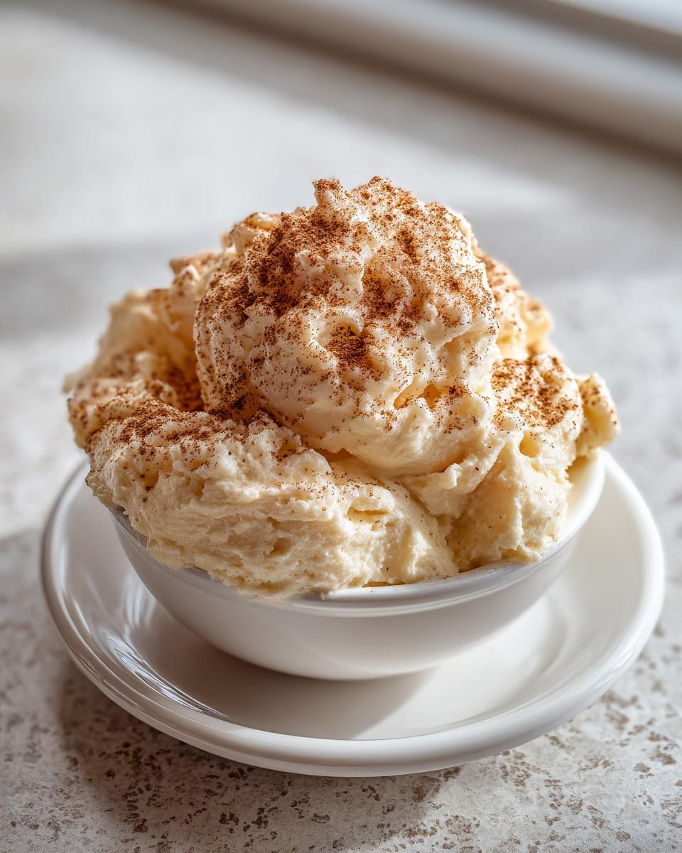 A bowl overflowing with fluffy whipped cinnamon butter, generously dusted with ground cinnamon.