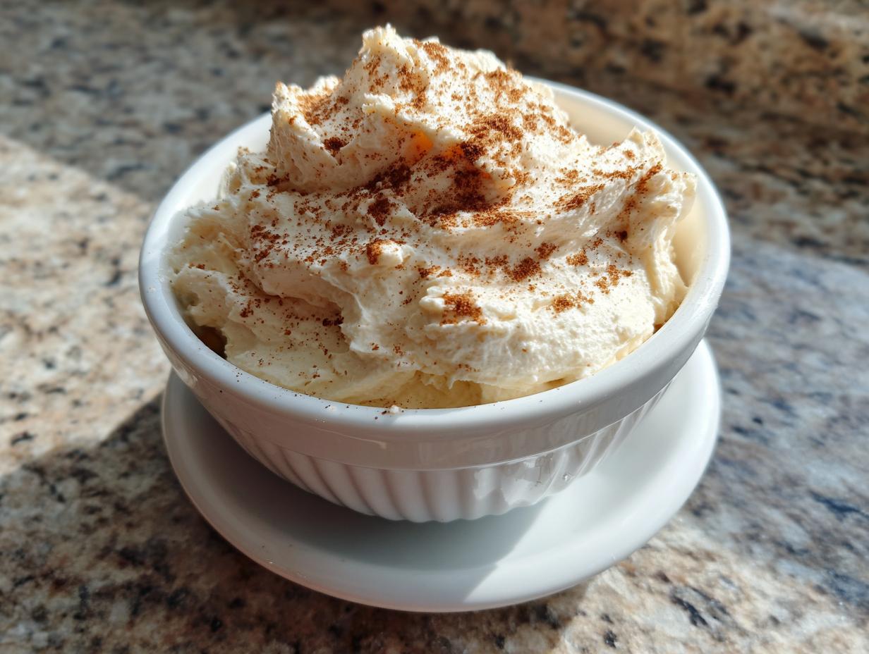 A close-up of fluffy, whipped cinnamon butter generously sprinkled with ground cinnamon, served in a white ramekin.