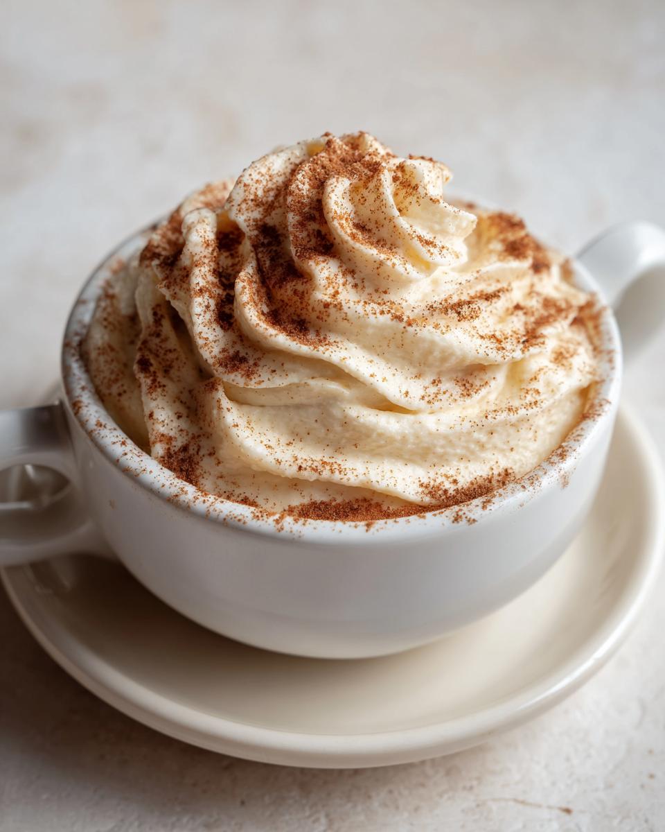 Close-up of whipped cinnamon butter topped with ground cinnamon in a white mug.