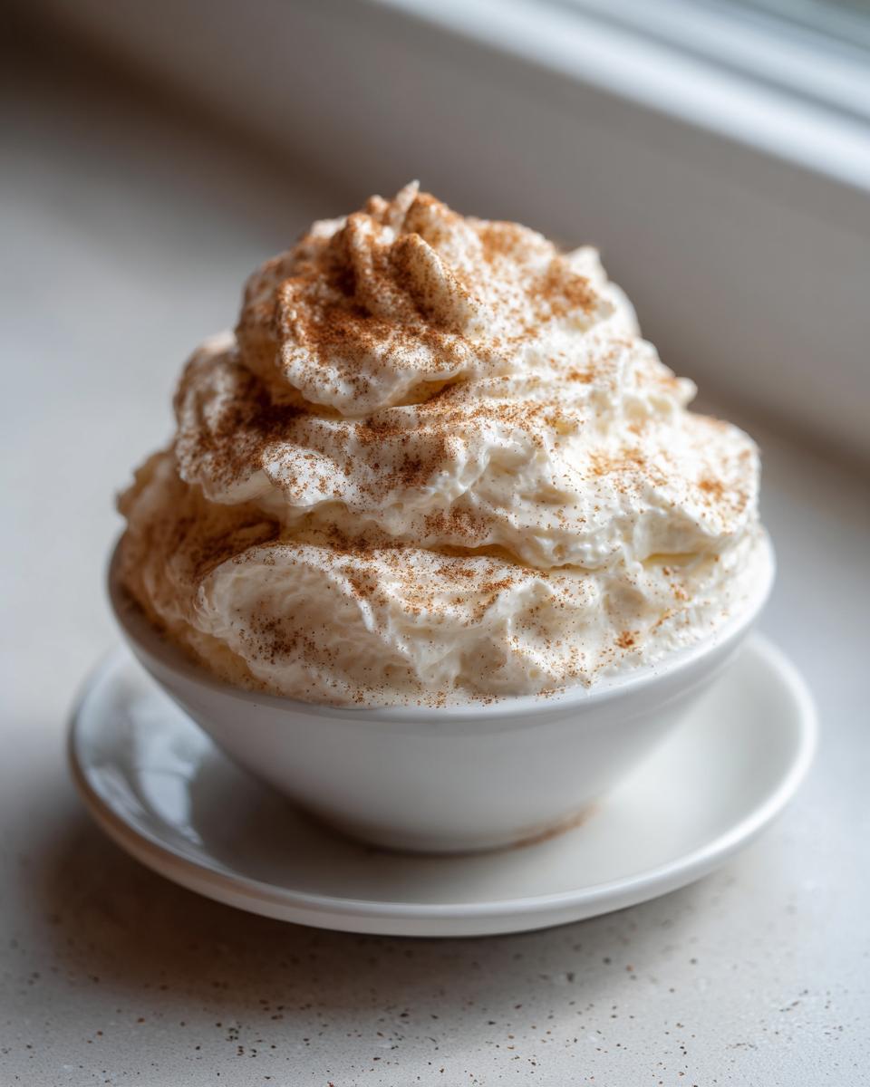 A small white bowl filled with fluffy whipped cream generously dusted with cinnamon, perfect for serving with cinnamon butter.