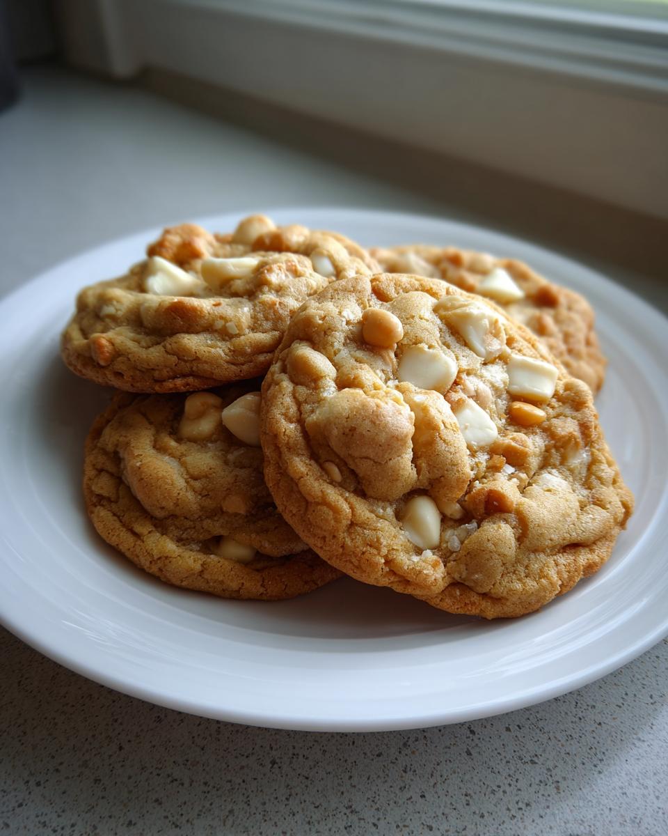 A stack of four golden-brown white chocolate macadamia nut cookies on a white plate, set near a window.