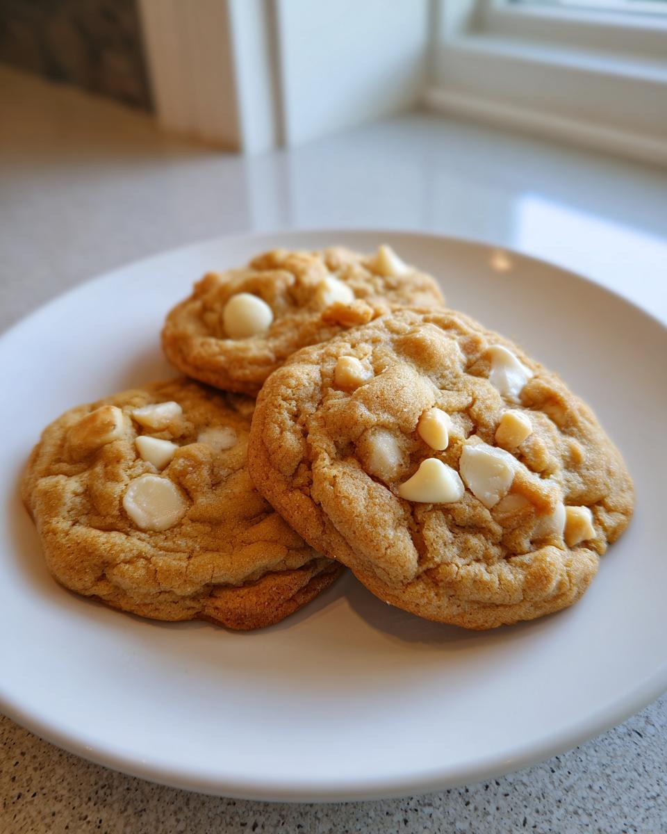 Three freshly baked white chocolate macadamia nut cookies stacked slightly on a white plate.