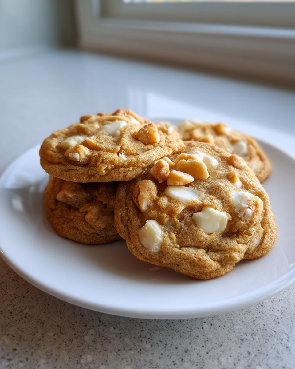 A stack of three golden brown white chocolate macadamia nut cookies on a white plate.