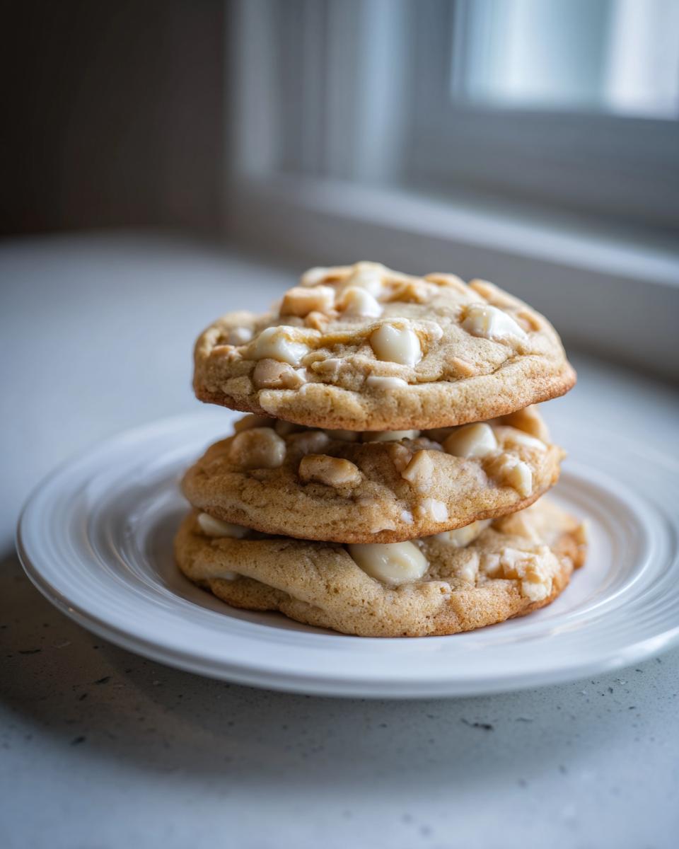 Three freshly baked white chocolate macadamia nut cookies stacked on a white plate.