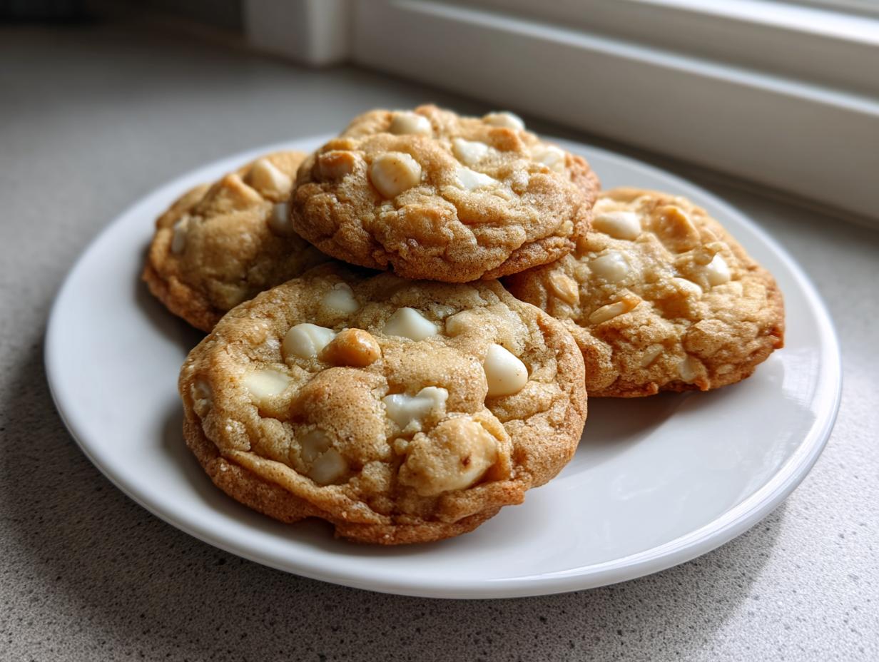 A stack of four golden brown white chocolate macadamia nut cookies on a white plate.
