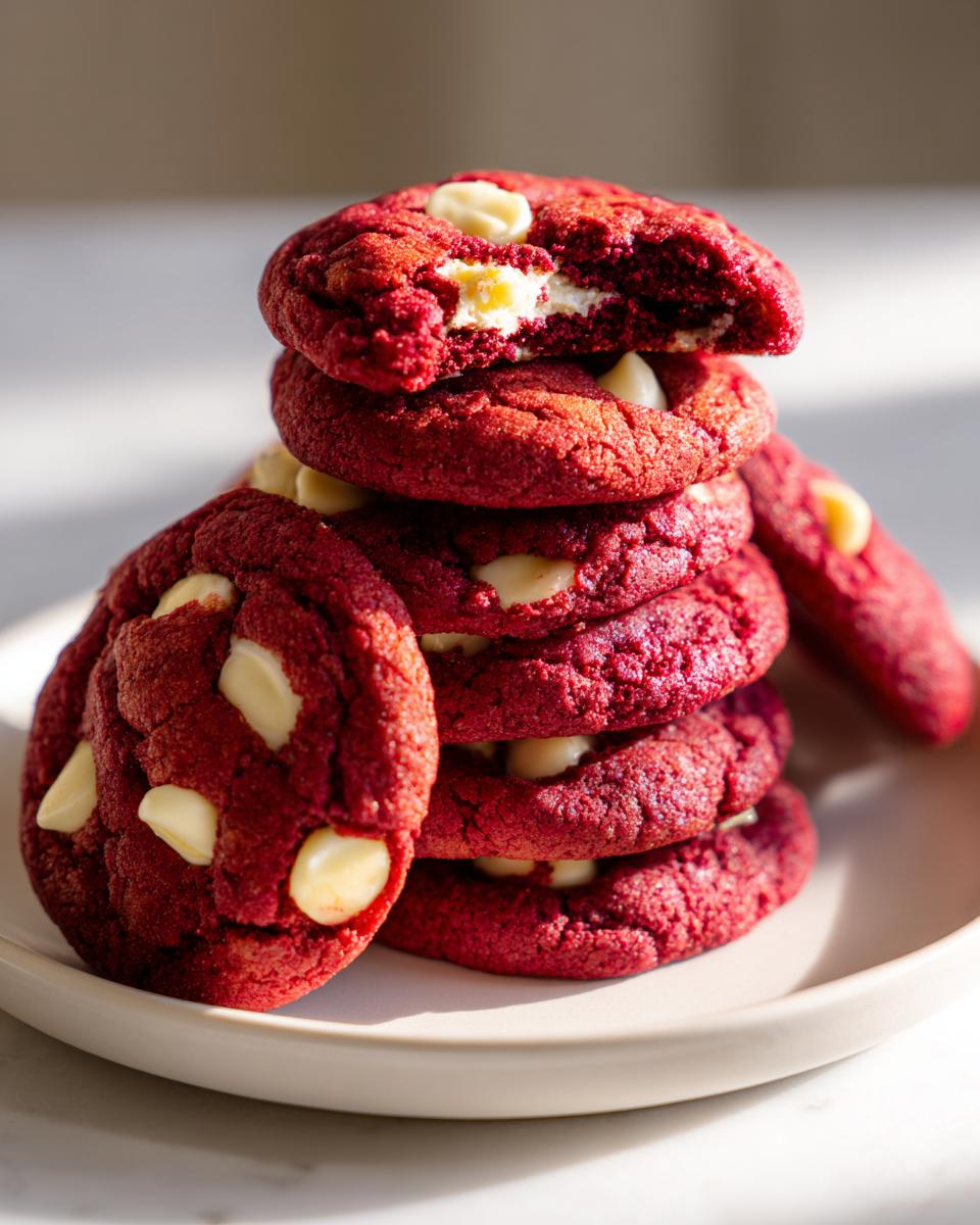 A stack of vibrant red velvet cake mix cookies studded with white chocolate chips, one cookie on top is broken open.