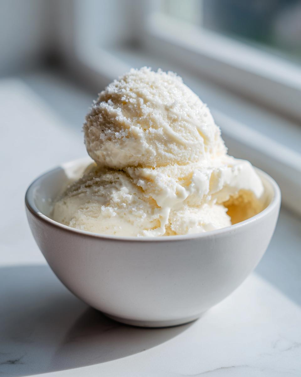 Two scoops of creamy white snow ice cream topped with fine ice crystals in a small white bowl.