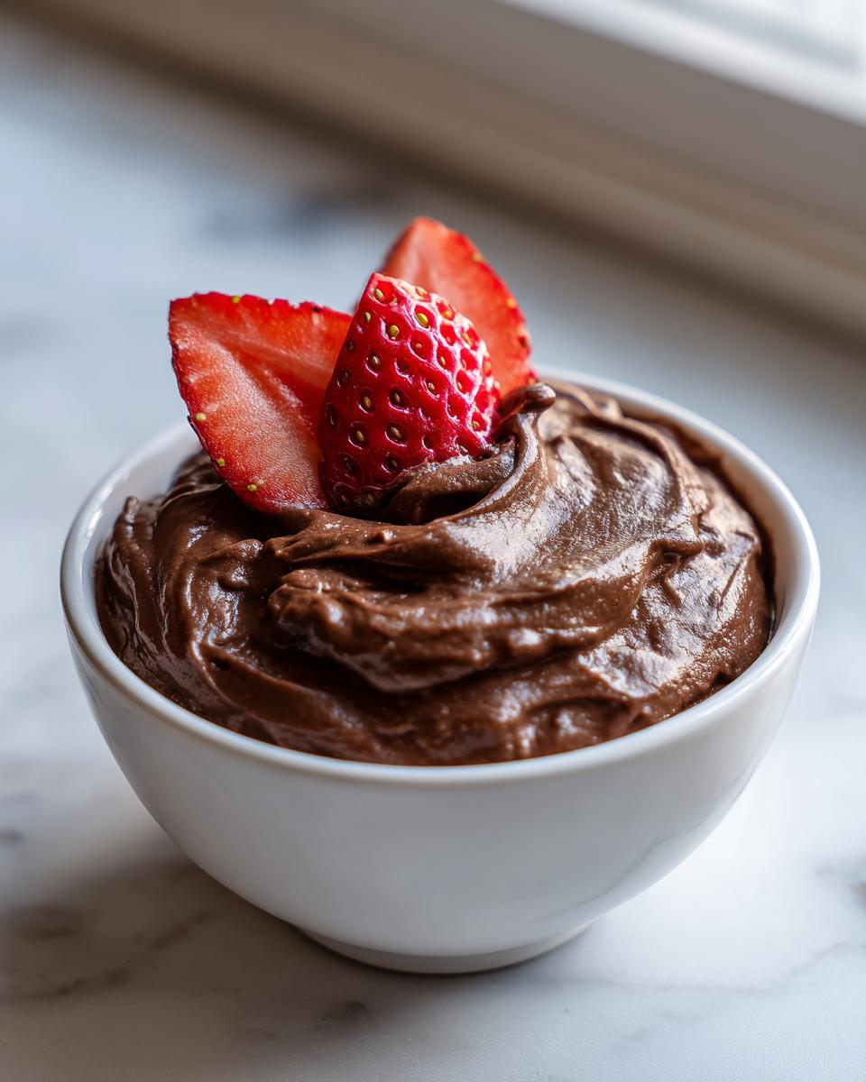 A small white bowl filled with thick, rich chocolate dip, garnished with sliced fresh strawberries.