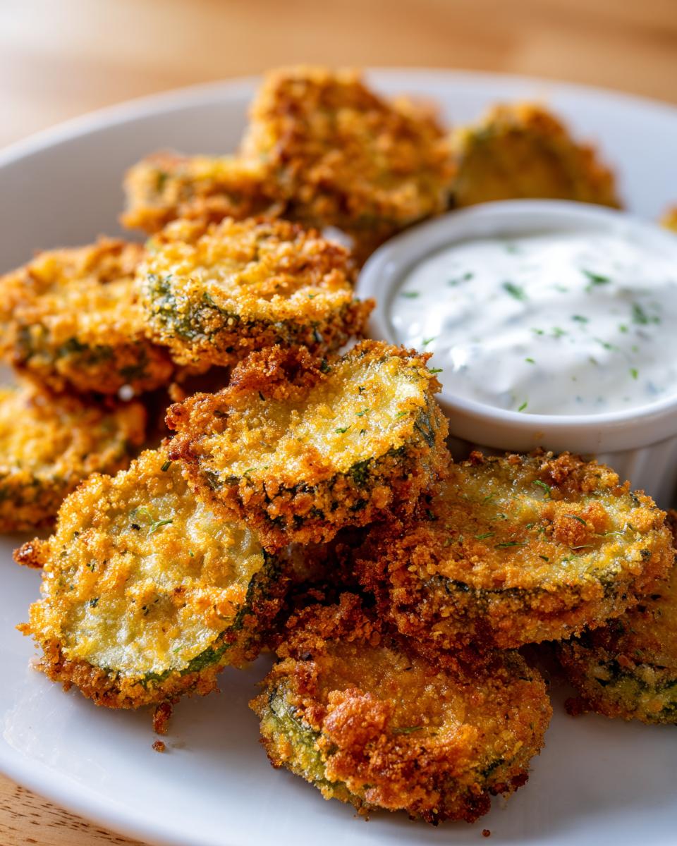 Close-up of golden brown, crispy Fried Pickles served on a white plate next to a small bowl of creamy dipping sauce.