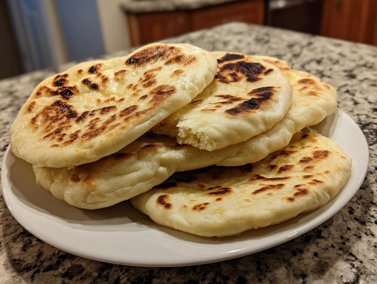 A stack of freshly cooked, slightly charred pita bread pockets resting on a white plate.