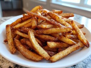 A close-up of a generous serving of golden brown, seasoned air fryer french fries piled high on a white plate.