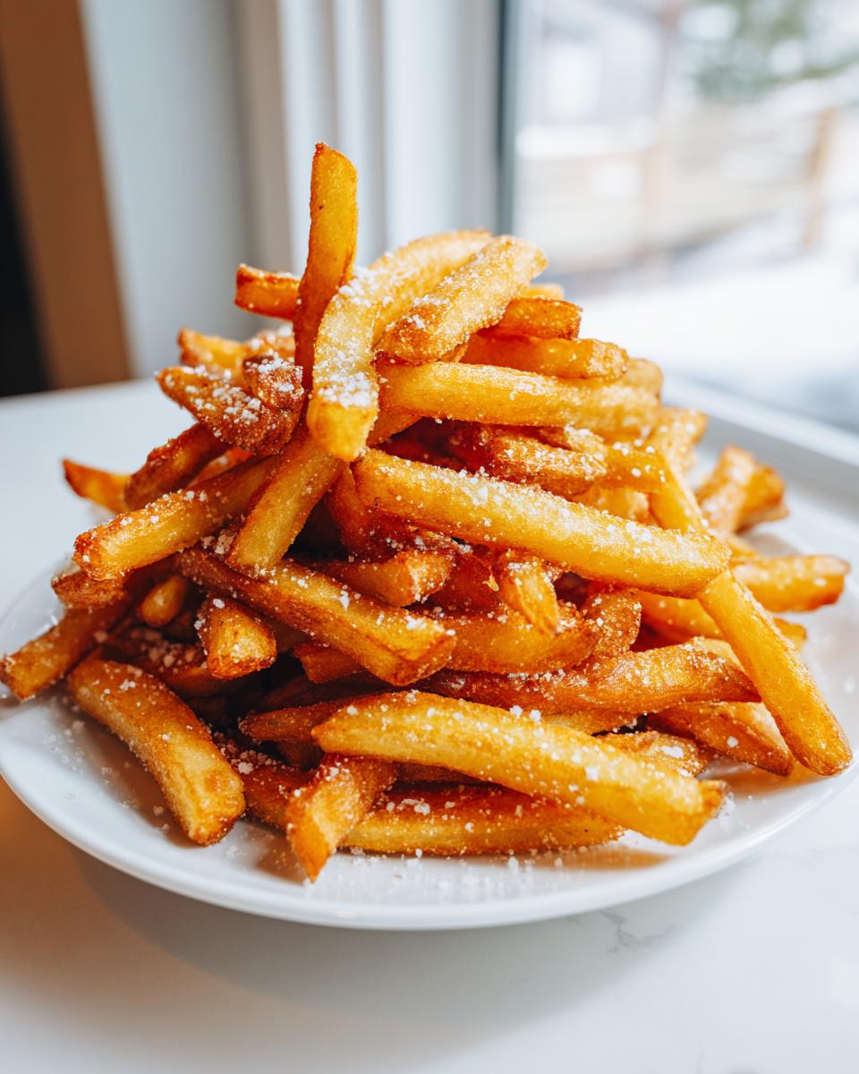 A tall pile of golden, crispy air fryer french fries dusted lightly with powdered sugar on a white plate.