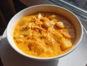 Close-up of a white bowl filled with rich, orange cheese soup containing chunks of potato and melted cheese.