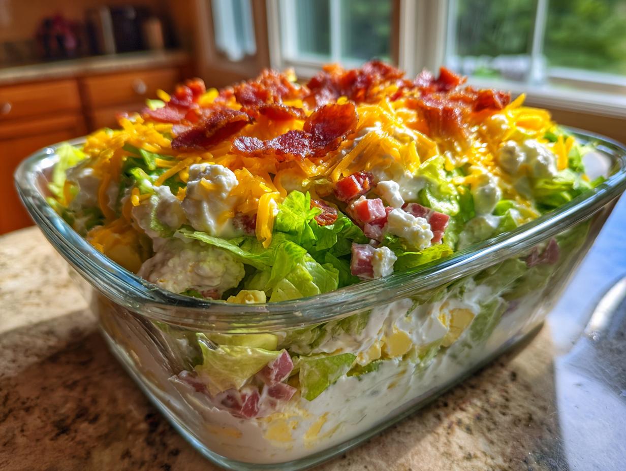 A close-up of an amazing 7 layer salad layered in a clear glass bowl, topped with bacon and cheddar cheese.