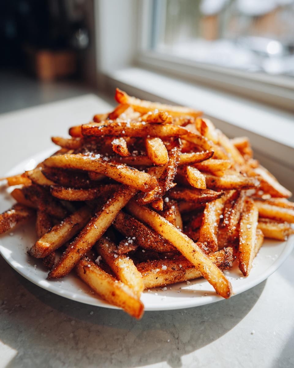 A close-up of a large pile of golden brown, seasoned air fryer french fries sprinkled with coarse salt.