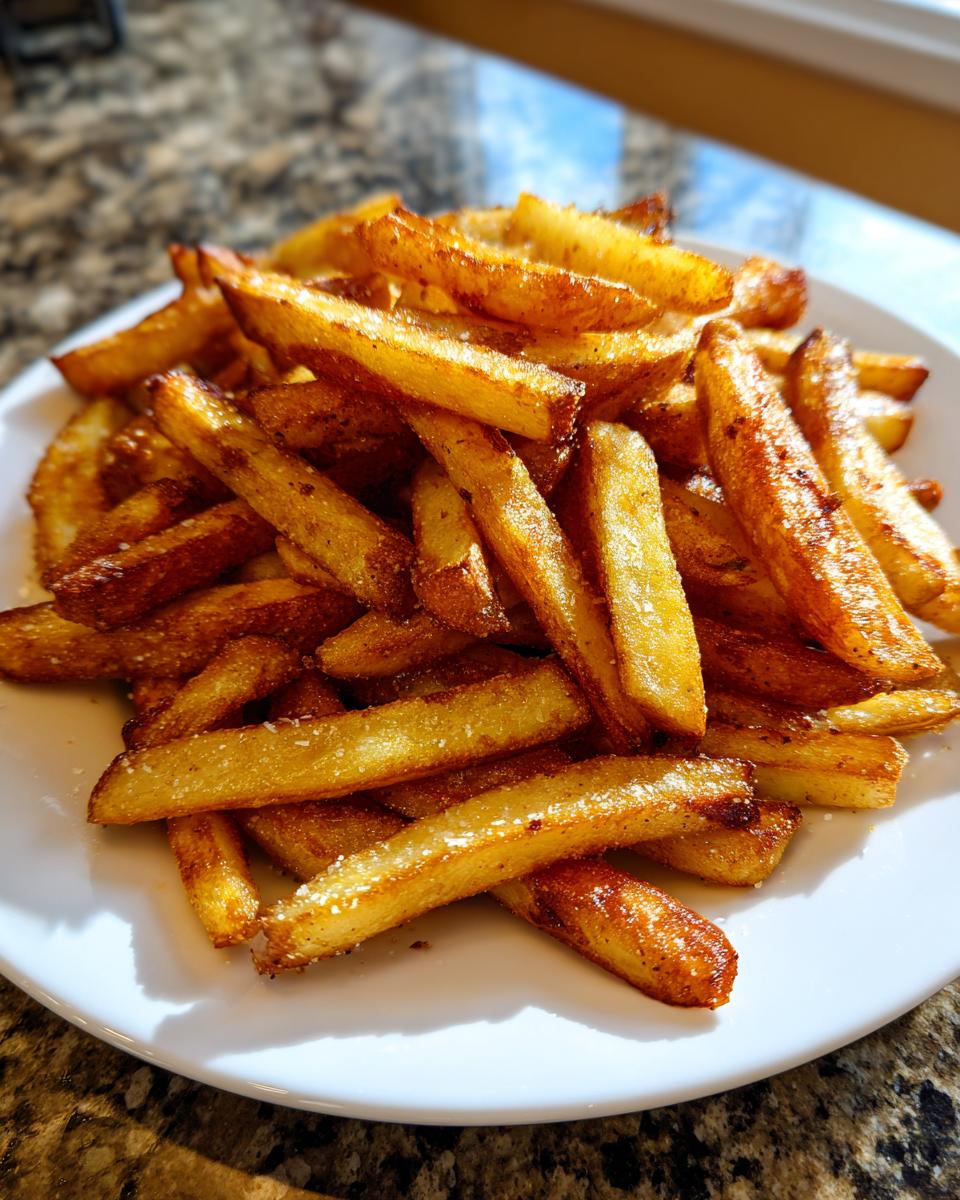 A close-up of a pile of golden, crispy air fryer french fries seasoned with visible salt crystals.
